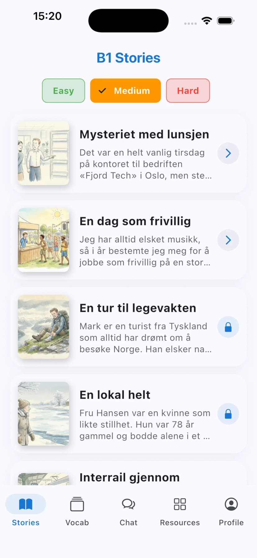 Short stories interface showing different difficulty levels and story previews